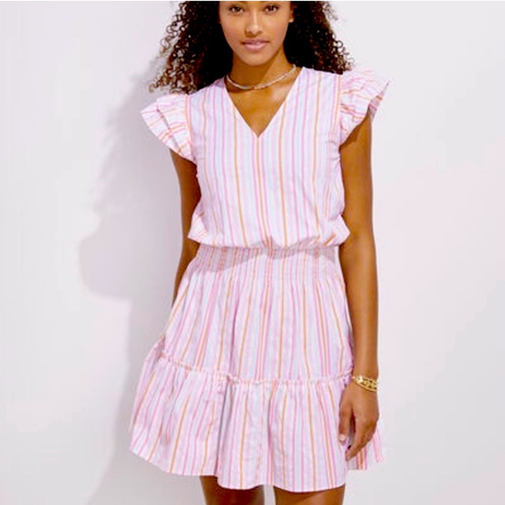 Vineyard Vines White Pink Blue Striped Harbor Smocked Dress size medium